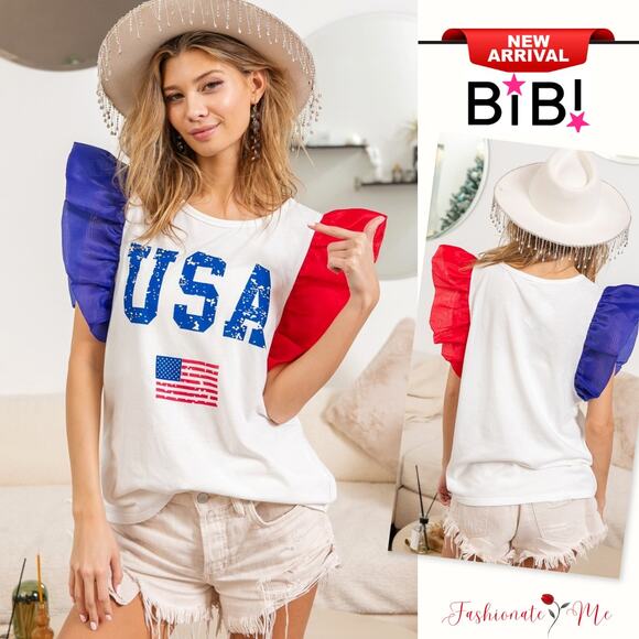 BiBi USA Theme and American Flag Graphic Color Block Organza Ruffle Sleeves Top - Picture 1 of 8